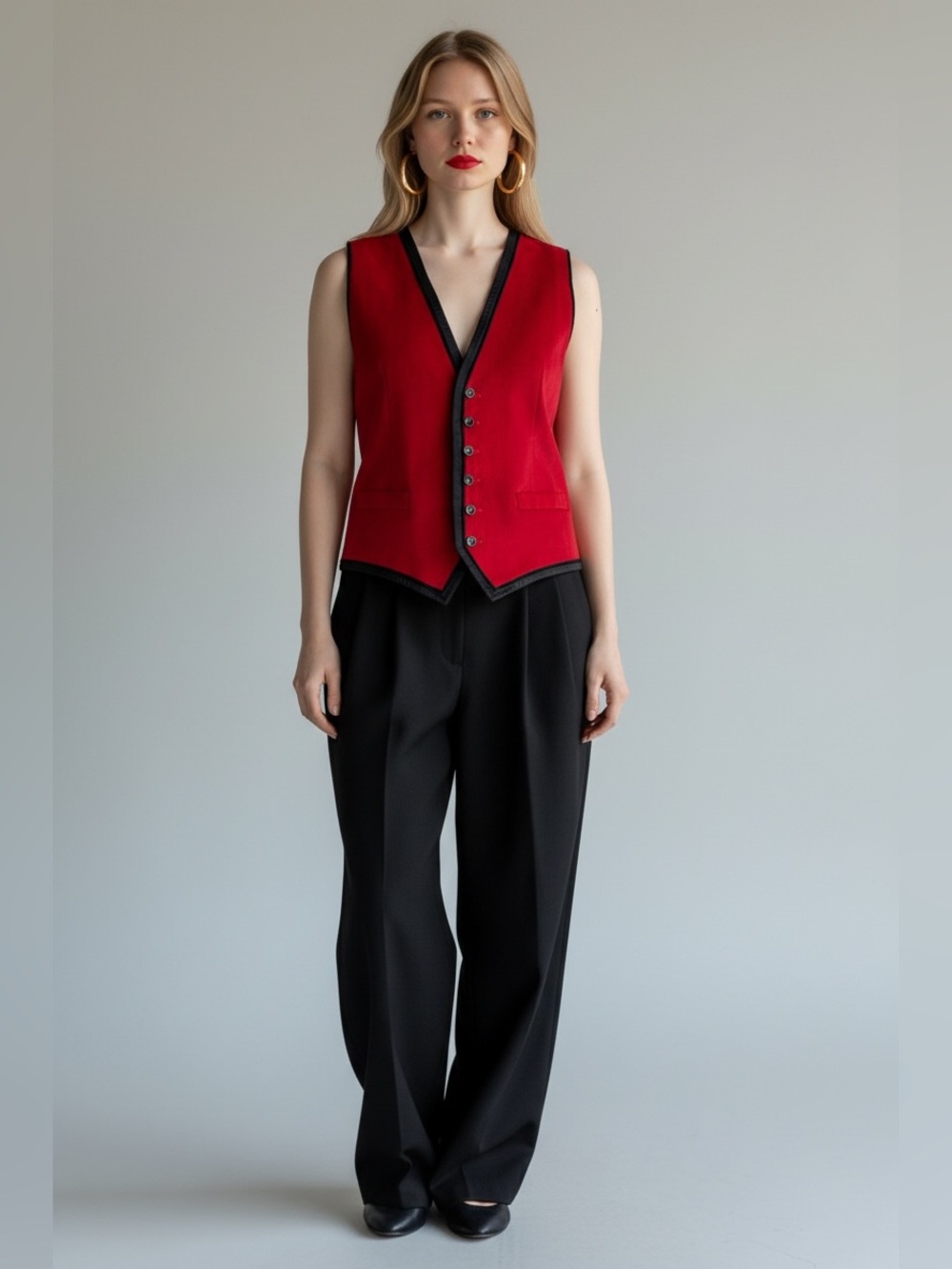 Dolce & Gabbana Red Velvet Sleeveless Vest with Black Trim